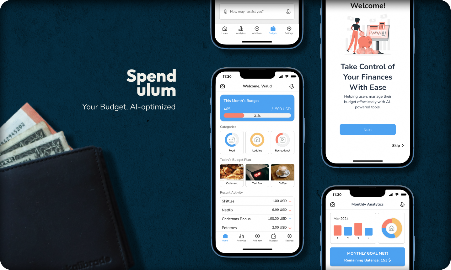 Spendulum cover page showcasing mobile design mockups